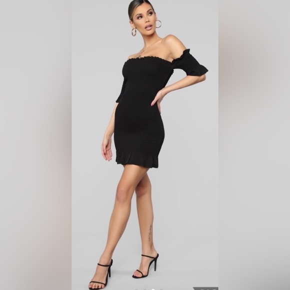 Fashion Nova Keep Me Close Ruffled Smocked Black Off Shoulder Dress - Picture 3 of 3